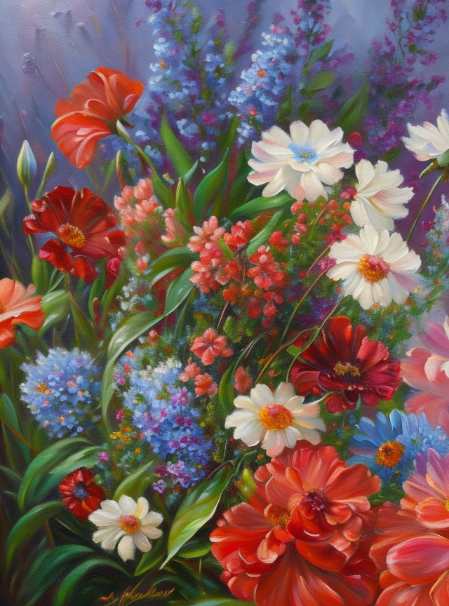 Colorful Floral Oil Painting with Poppies, Daisies, and Blossoms