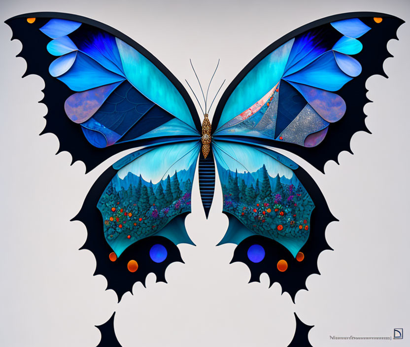 Vibrant blue butterfly with intricate landscapes and colorful patterns