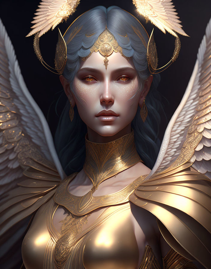 Fantasy character with white hair, golden armor, wing details, and ornate headdress.