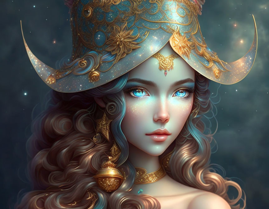 Fantasy portrait of woman with glowing blue eyes and golden moon-themed helmet