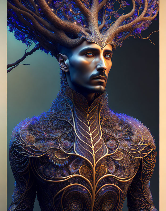 Male Figure with Metallic Skin and Violet Foliage Crown on Gradient Background