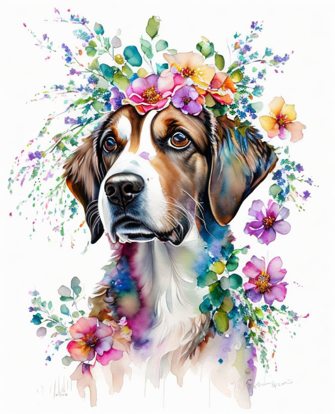 Vibrant watercolor painting of a dog with floral crown in purple, pink, and yellow