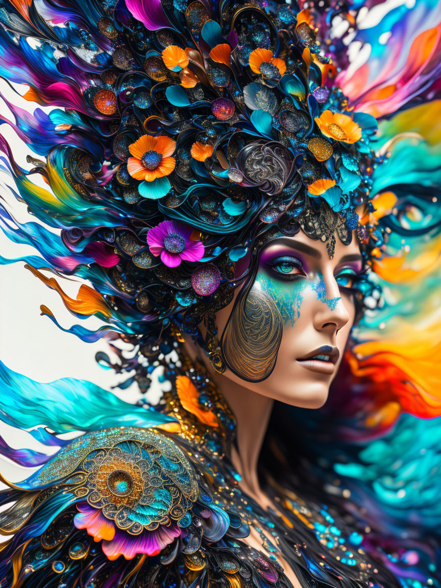 Colorful Fantasy Headdress with Floral and Peacock Feather Designs