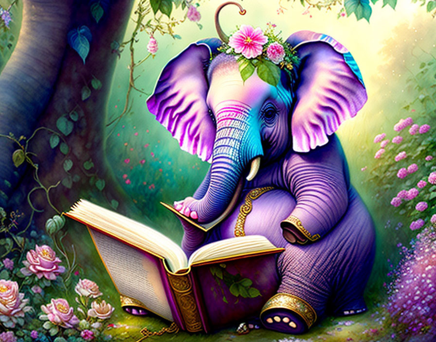 Whimsical purple elephant with flowers and jewelry reading in vibrant forest