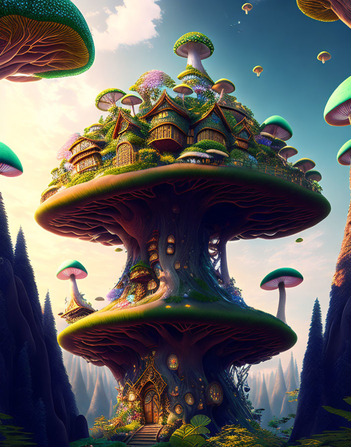 Fantastical forest scene: towering treehouse on giant mushroom