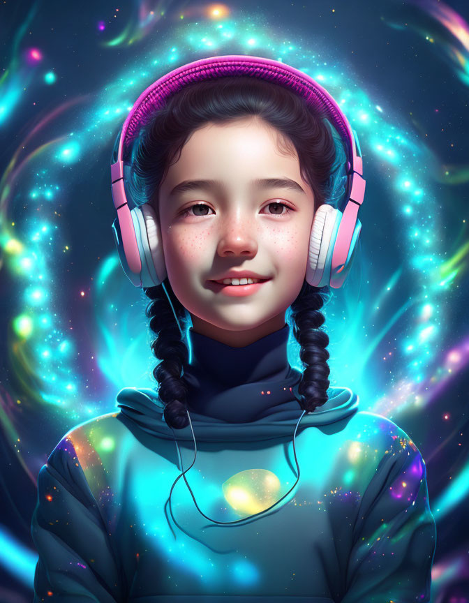 Girl with Braided Hair in Galaxy Hoodie Surrounded by Cosmic Background