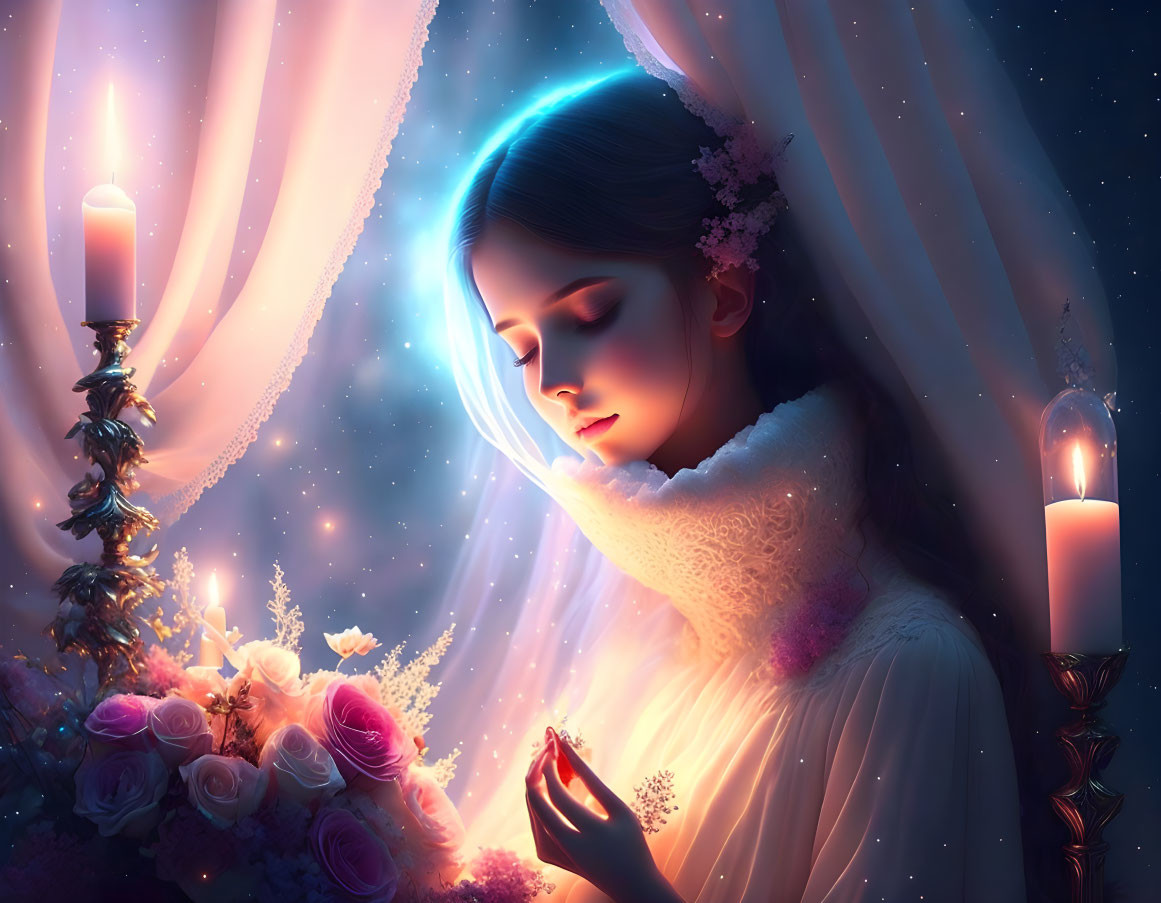 Woman with flowers in hair in candlelight against starry backdrop and soft lit flowers