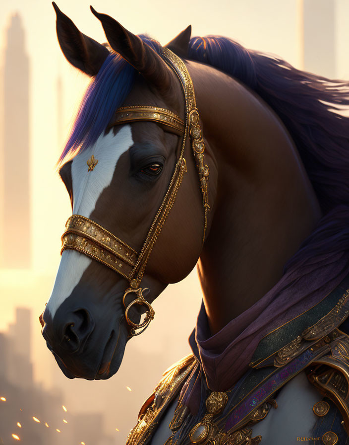 Majestic horse with golden bridle and purple cloak in city skyline at golden hour