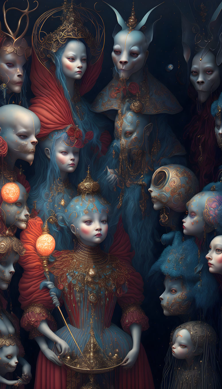 Ethereal dark fantasy characters in ornate attire against indigo backdrop