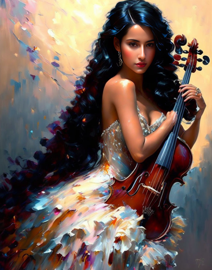 Woman with Long Dark Hair Holding Violin in Elegant Dress with Impressionistic Colors