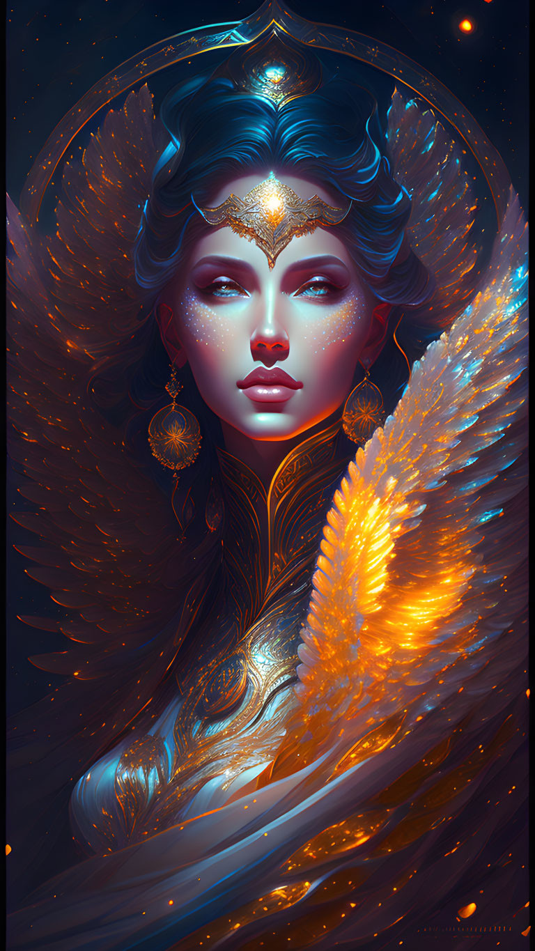 Blue-skinned celestial woman with golden jewelry and wings in starry scene