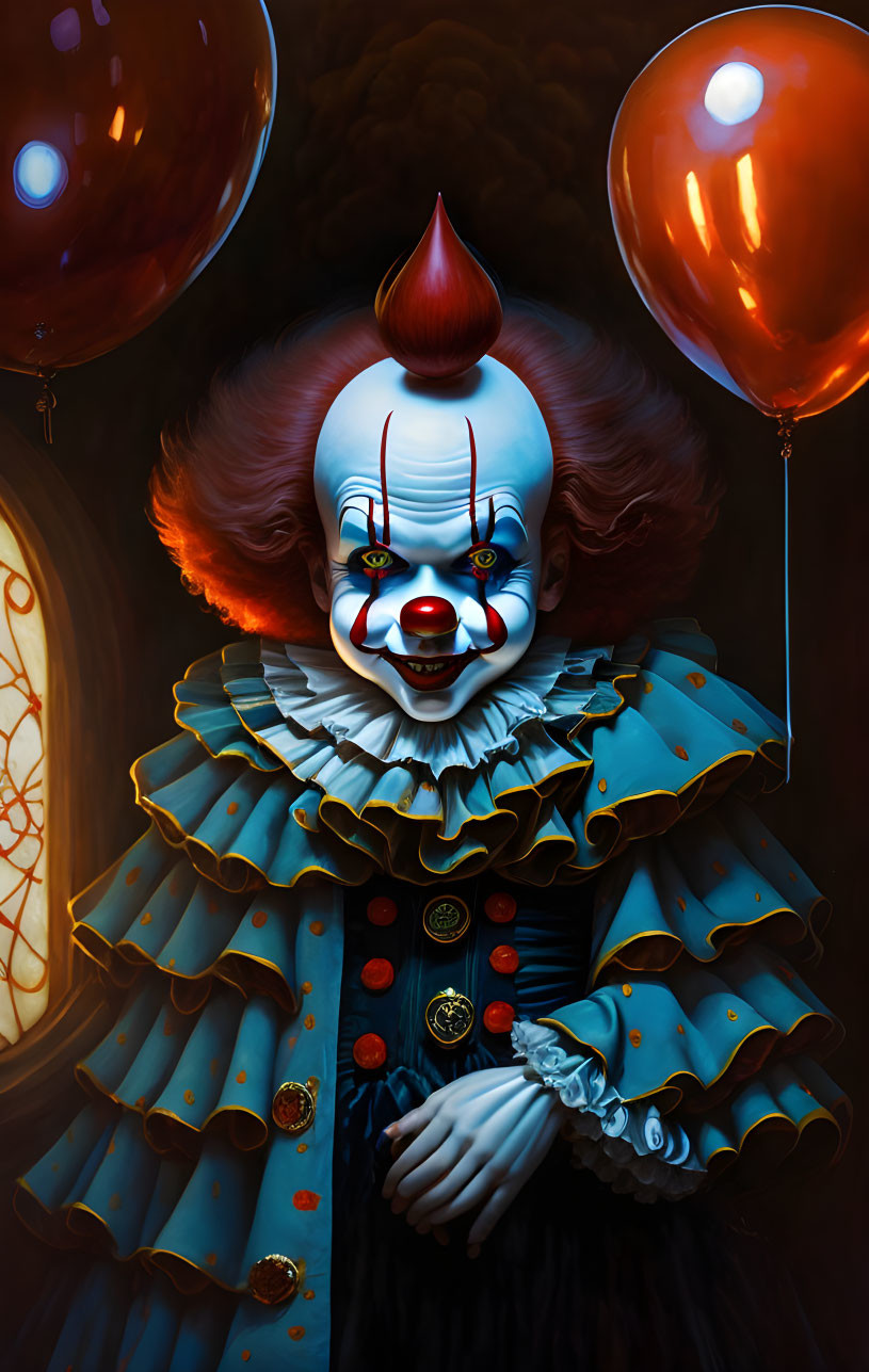 Menacing clown with red hair and balloons against dark backdrop