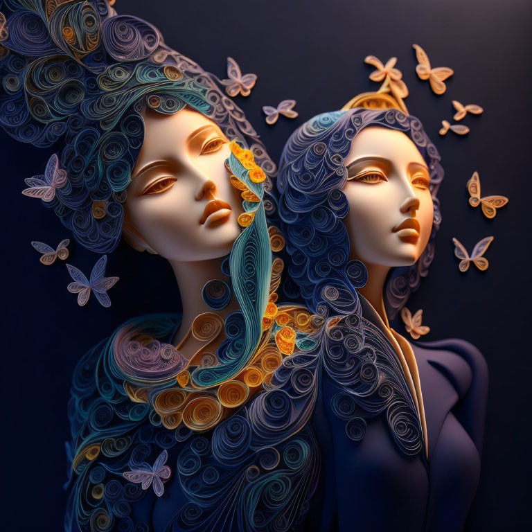 Stylized female figures with swirling hair and butterflies on dark background