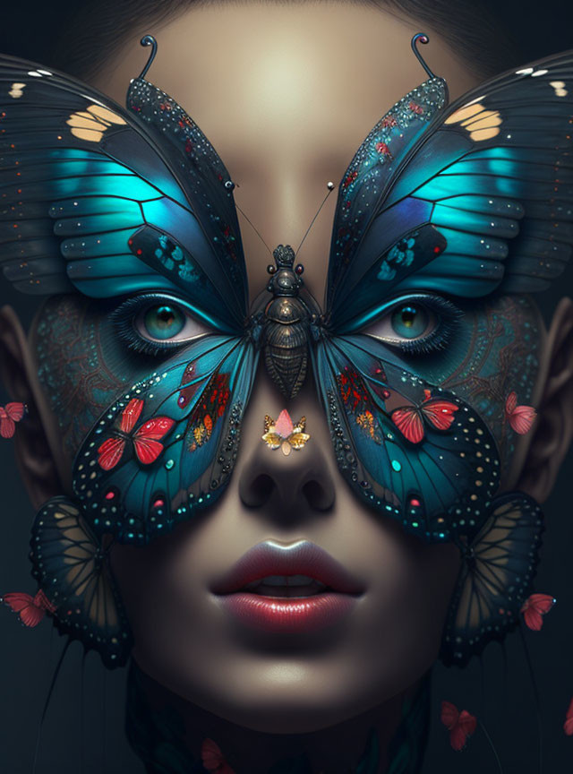 Colorful surreal portrait with butterfly wings and intricate patterns