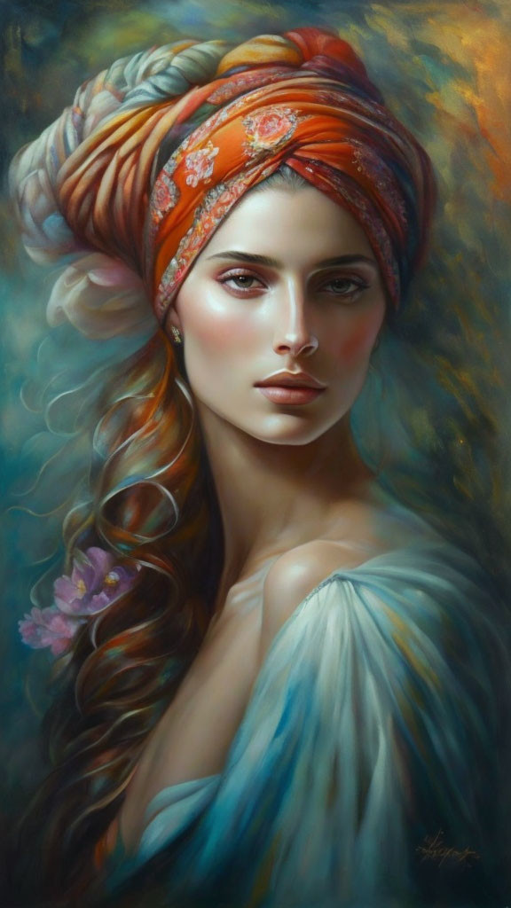 Colorful Turban Woman Portrait with Wavy Hair and Blue Garment