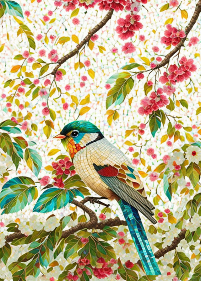 Colorful mosaic bird on branch surrounded by white and pink flowers