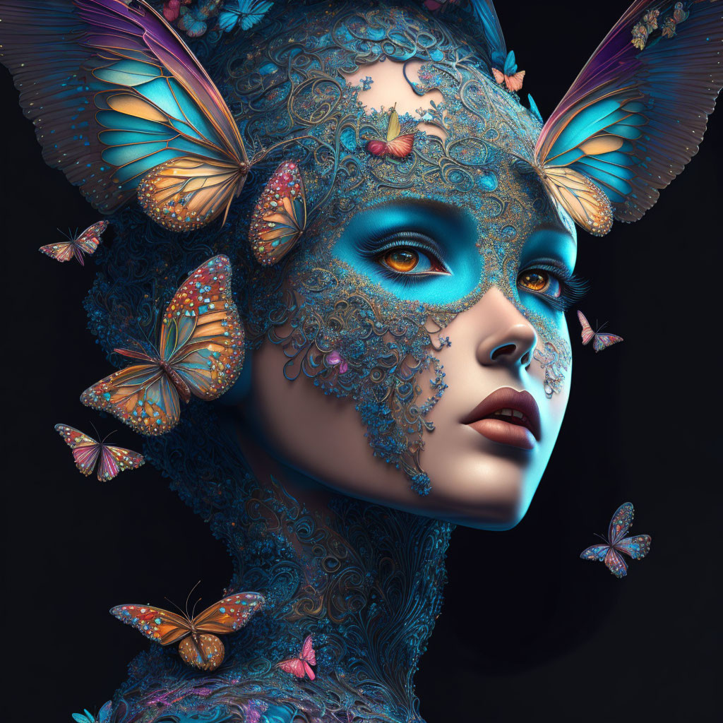 Surreal portrait of person with blue-patterned skin and butterflies on dark background