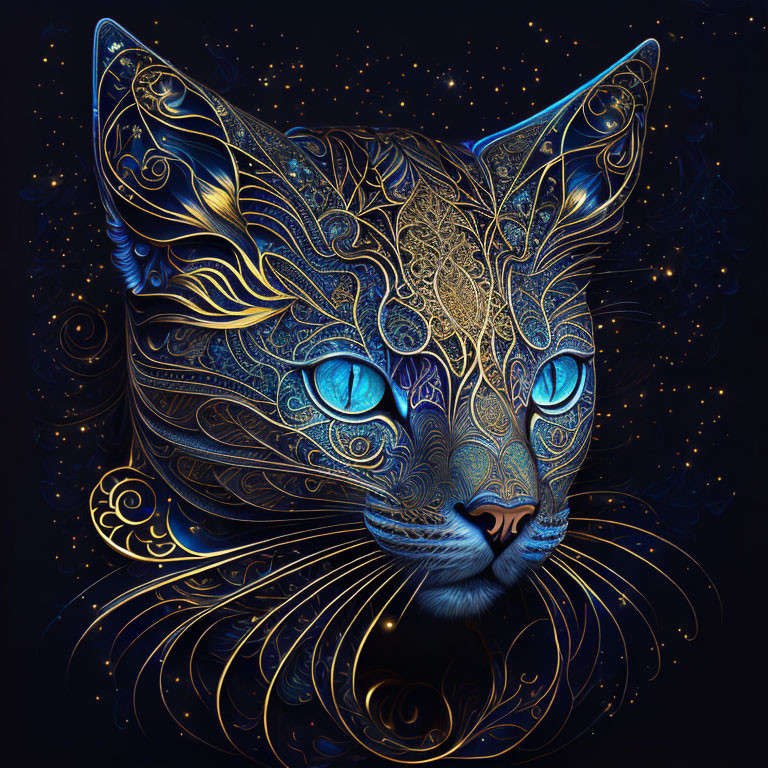 Stylized cat's face with glowing blue eyes and intricate gold patterns