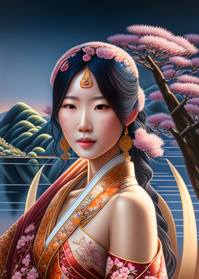 Digital artwork of elegant woman in East Asian attire against pink tree backdrop