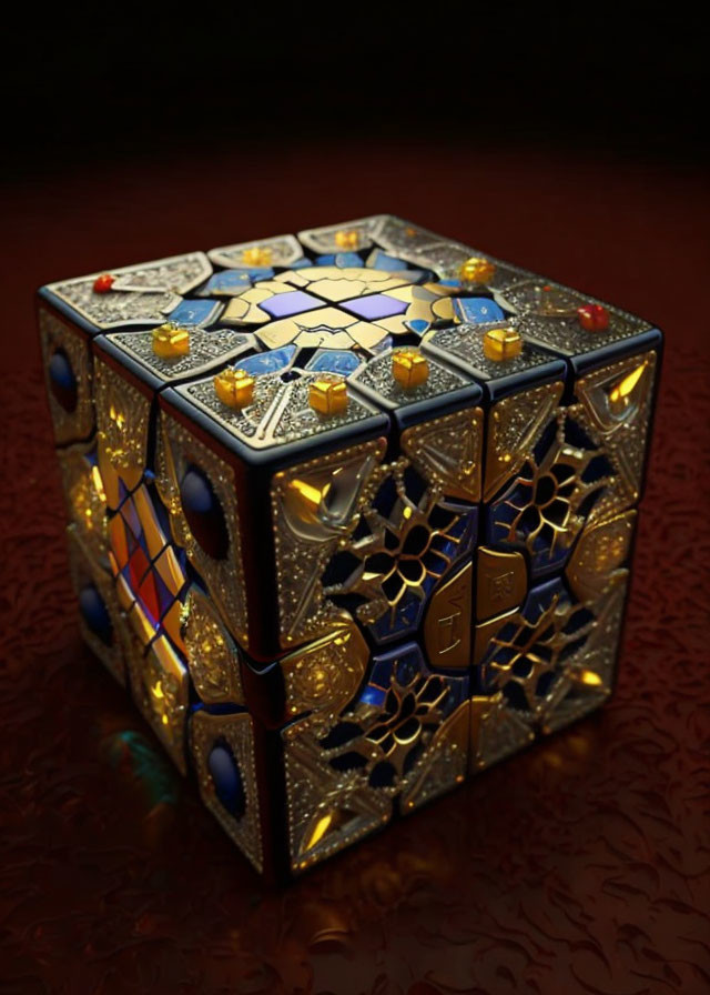 Jewel-encrusted Rubik's Cube with gold and blue patterns