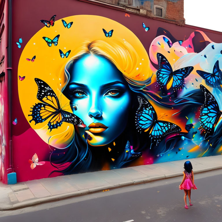 Colorful street mural features woman's face and butterflies, observed by young girl in pink dress