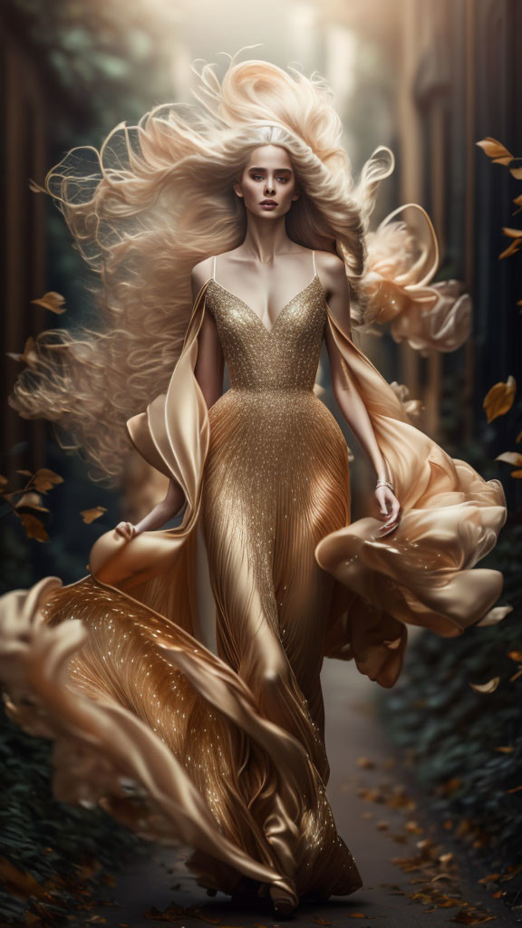 Woman in elegant gold dress surrounded by swirling leaves in mystical forest.