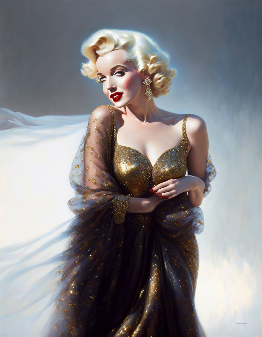 Blonde Woman Portrait in Gold Dress with Elegant Earrings