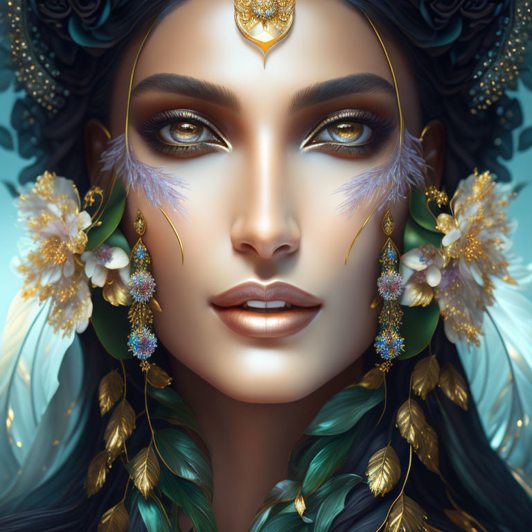 Illustrated portrait of woman with teal hair, gold jewelry, feathers, and white blossoms on blue