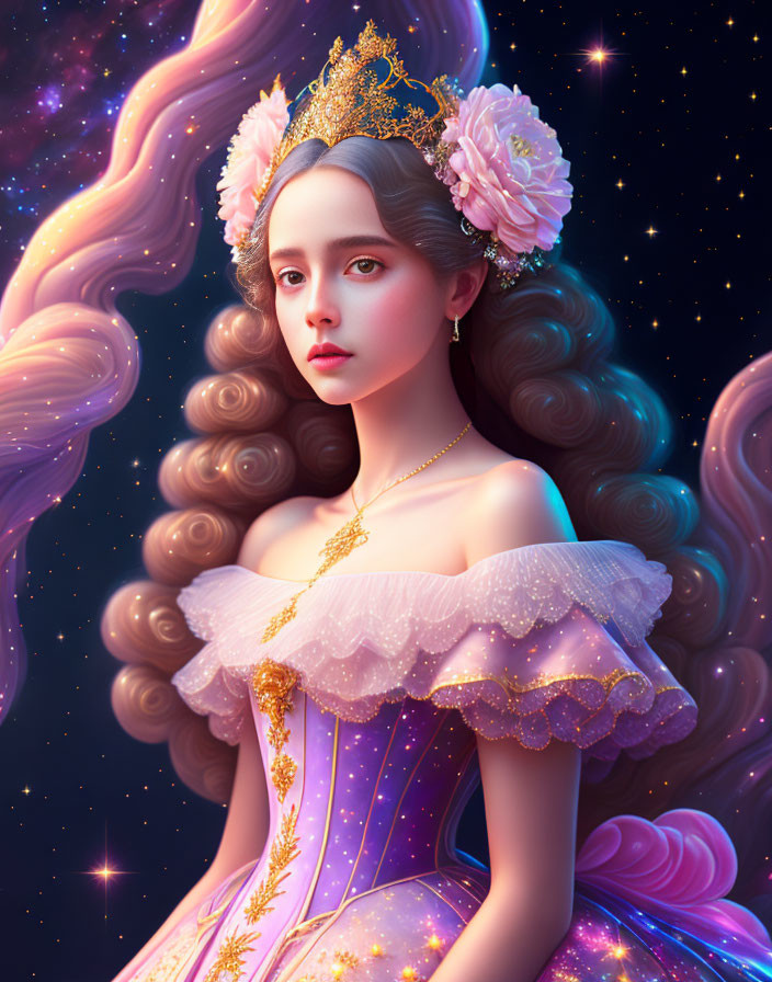 Cosmic-themed digital artwork of regal woman in pink dress against starry backdrop
