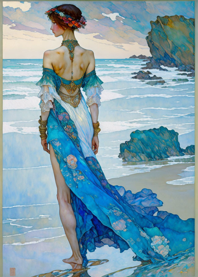 Woman in Blue Gown on Beach with Floral Headgear