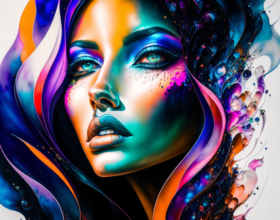 Colorful Abstract Digital Art of Woman's Face with Blue and Purple Makeup