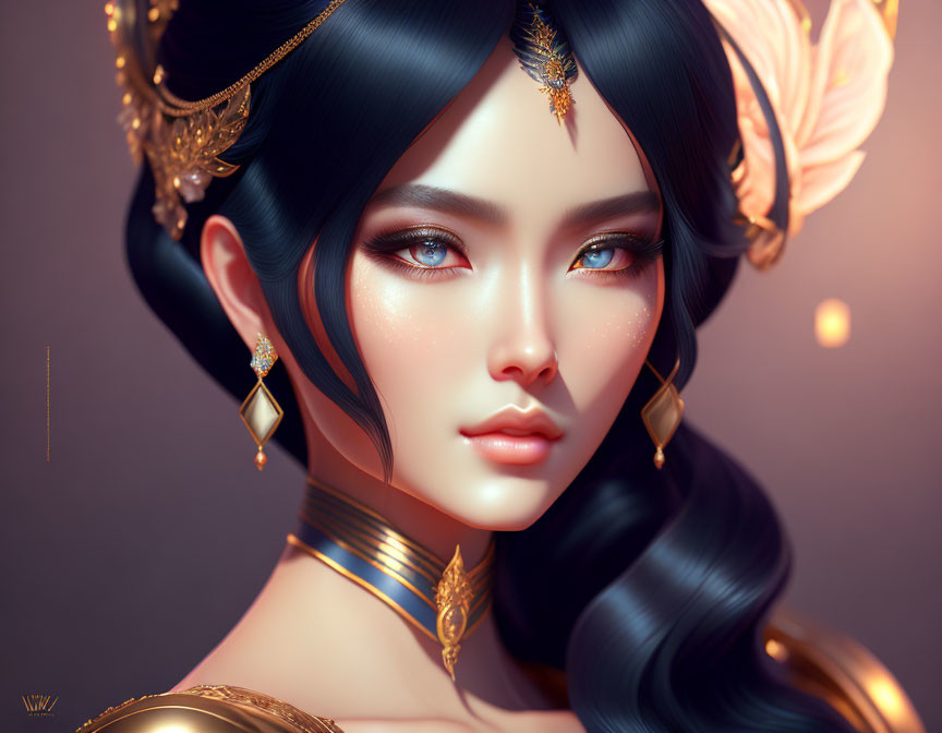 Detailed Digital Artwork of Woman with Gold Jewelry and Elaborate Headdress