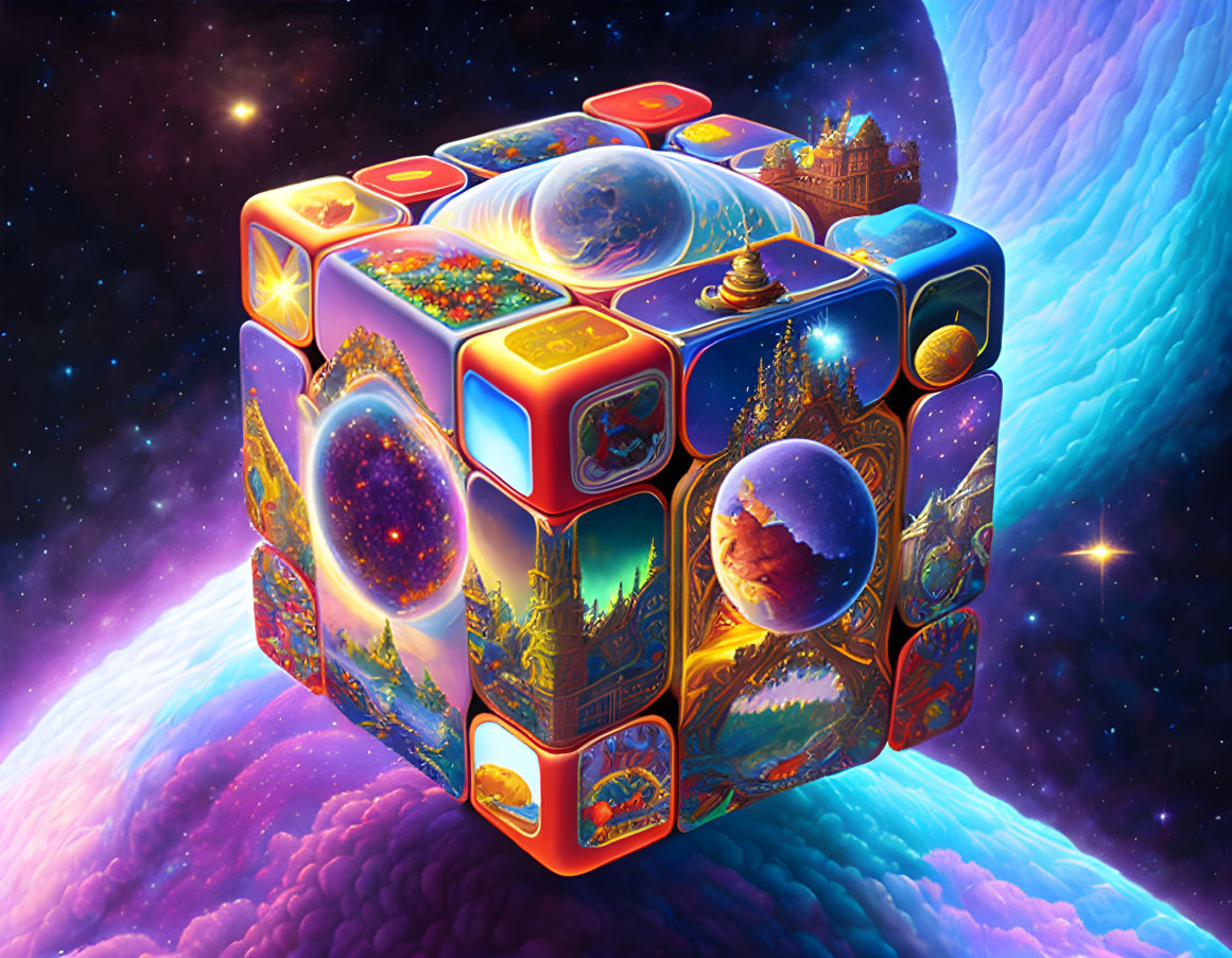 Colorful Rubik's Cube with cosmic and fantasy landscapes on each square