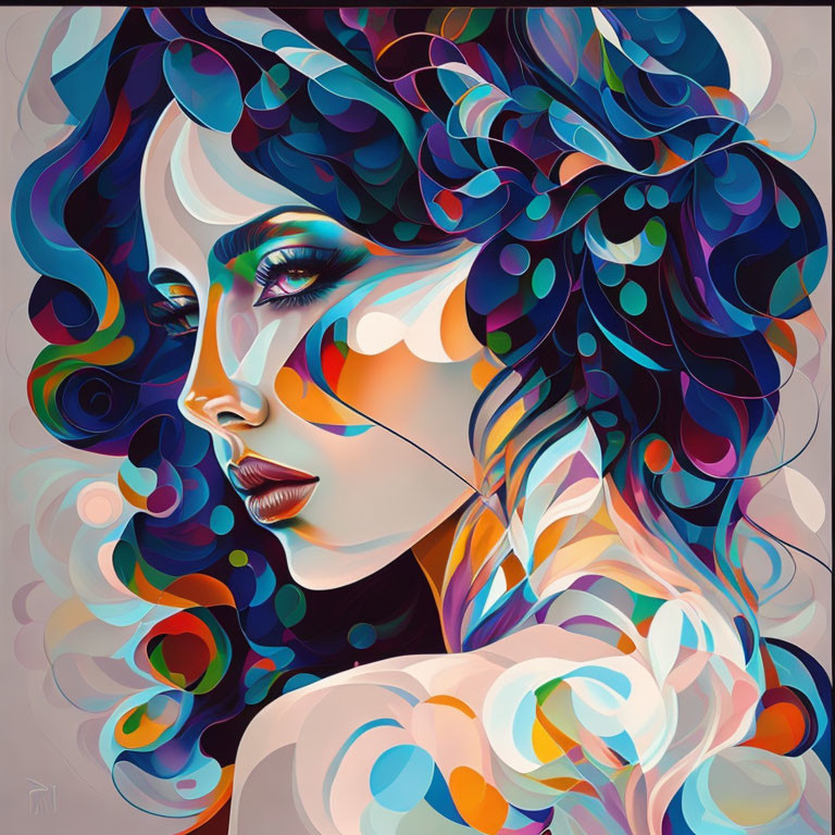 Vibrant portrait of a woman with flowing hair and abstract patterns in cool and warm hues