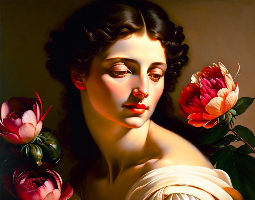 Classical-style painting of serene woman with dark hair and vibrant peonies