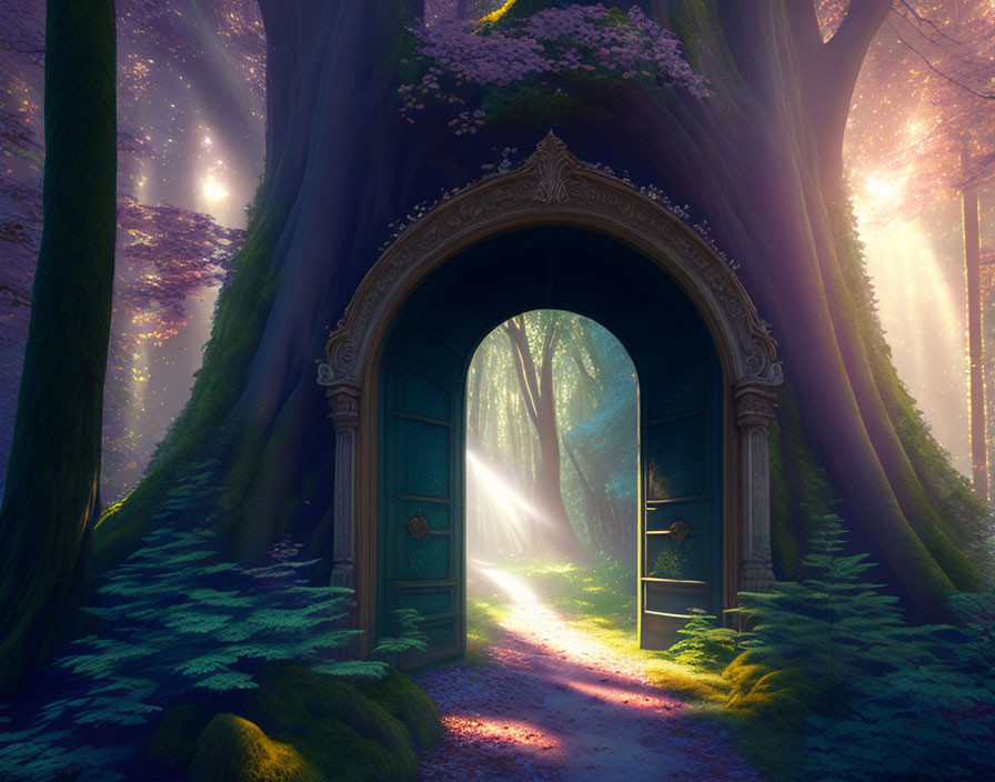 Mystical forest scene with arched door, sunbeams, tall trees, moss, and