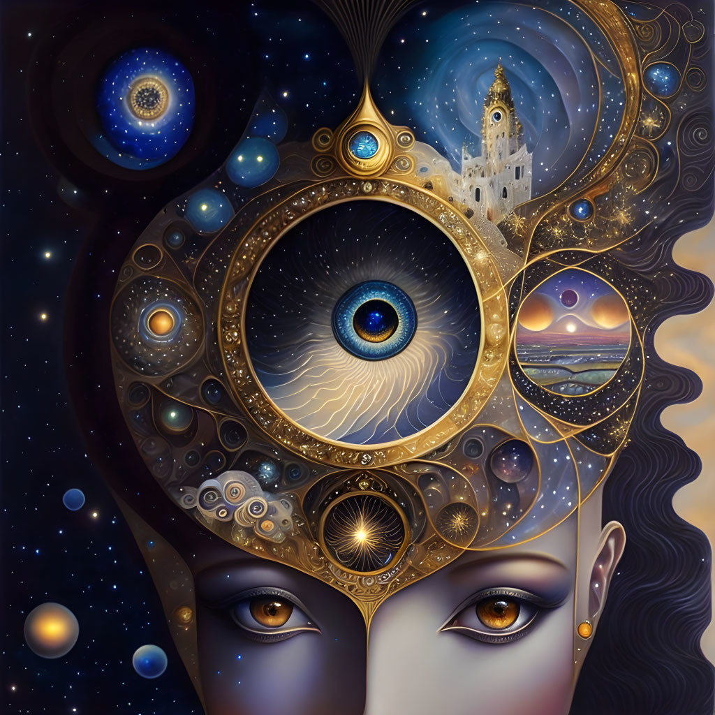 Surreal artwork: Female face with cosmic, architectural elements