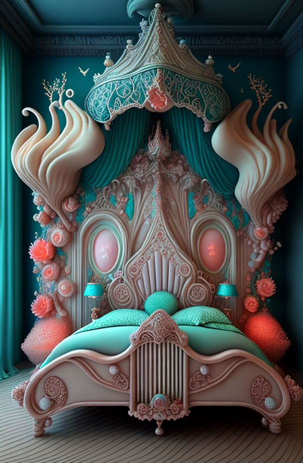 Ornate Sea-Themed Bedroom with Coral Canopy Bed & Turquoise Walls