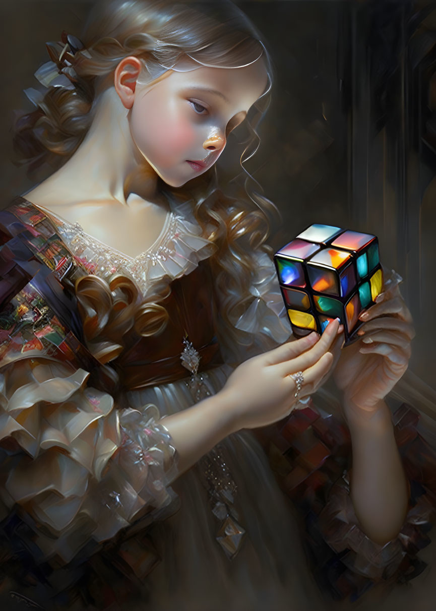 Young girl in elaborate dress holding glowing Rubik's Cube in dimly lit room