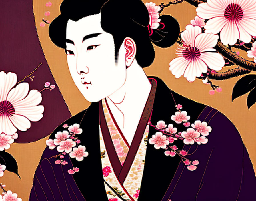 Japanese Style Illustration of Individual in Traditional Attire with Cherry Blossoms