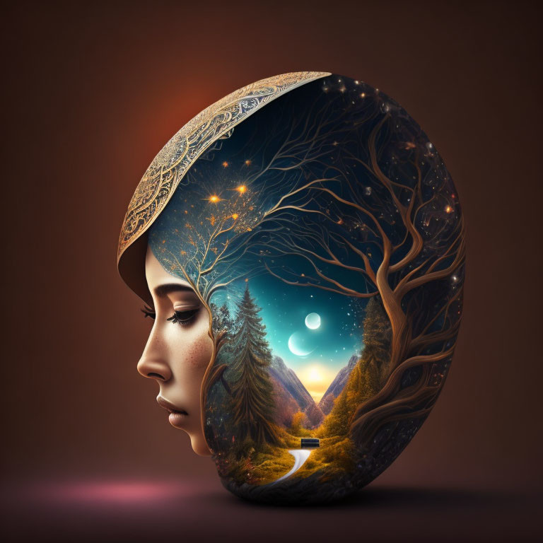 Woman's profile merged with night-time nature scene: trees, path, moon.