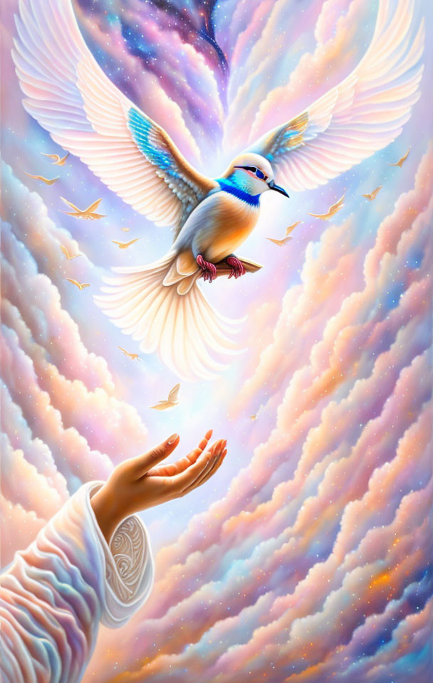 Ethereal white bird surrounded by smaller birds above an open hand in surreal pastel-colored backdrop