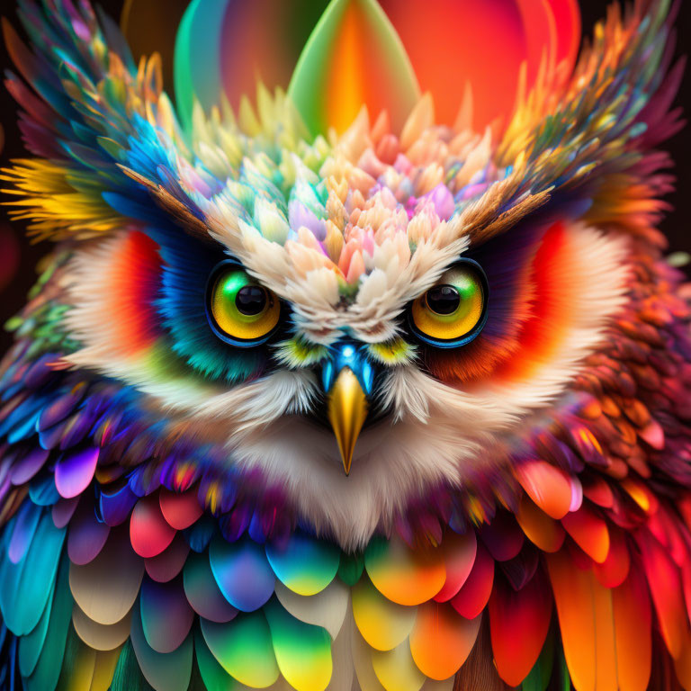 Colorful Owl Digital Art with Vibrant Feathers and Yellow Eyes