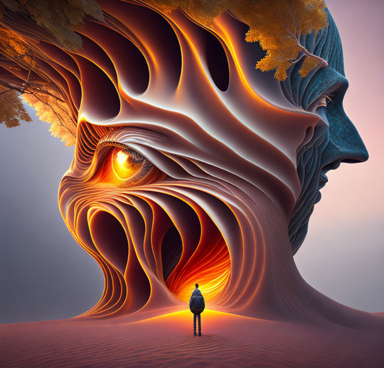 Surreal Human Silhouette with Golden Face Spiral and Nature Elements