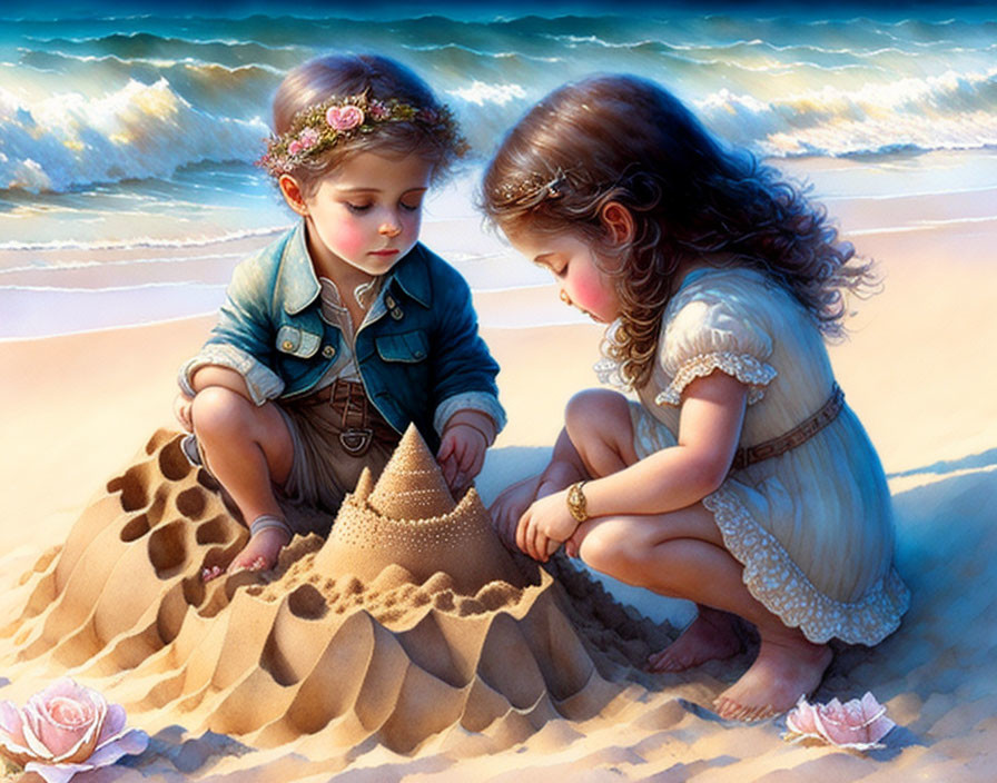 Children building sandcastle on sunny beach with gentle waves and seashells under clear blue sky.