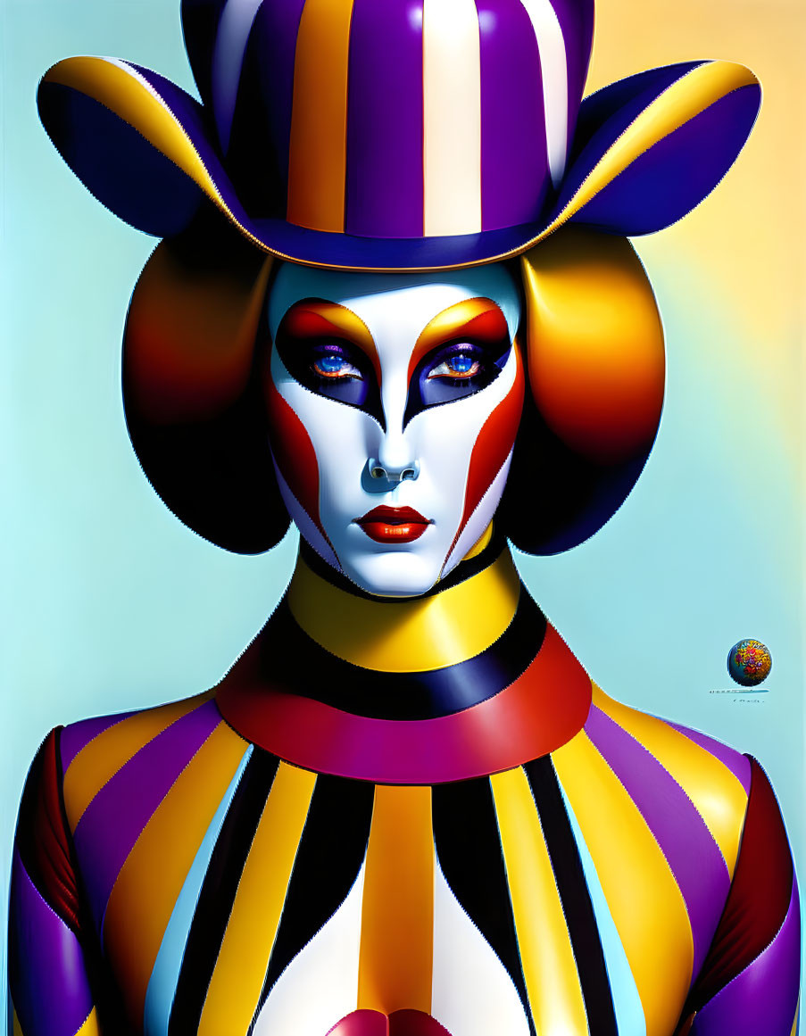 Vibrant portrait of a person with theatrical makeup and striped outfit.