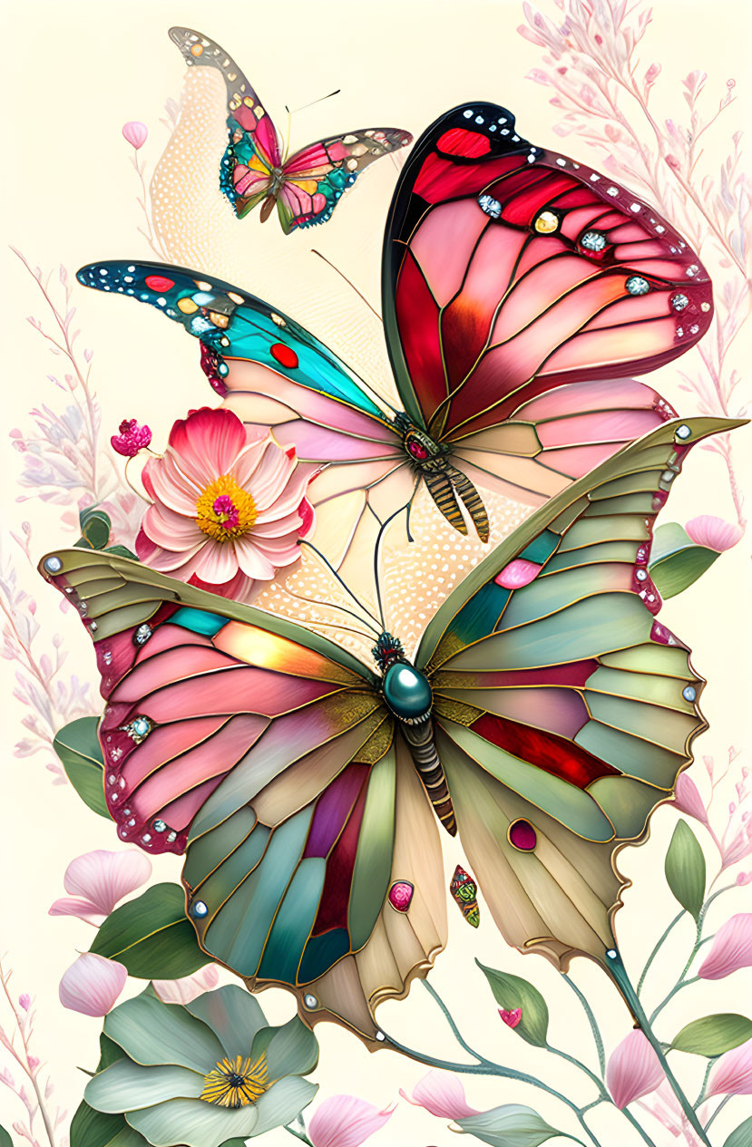 Colorful Butterflies with Intricate Patterns Among Pink Flowers