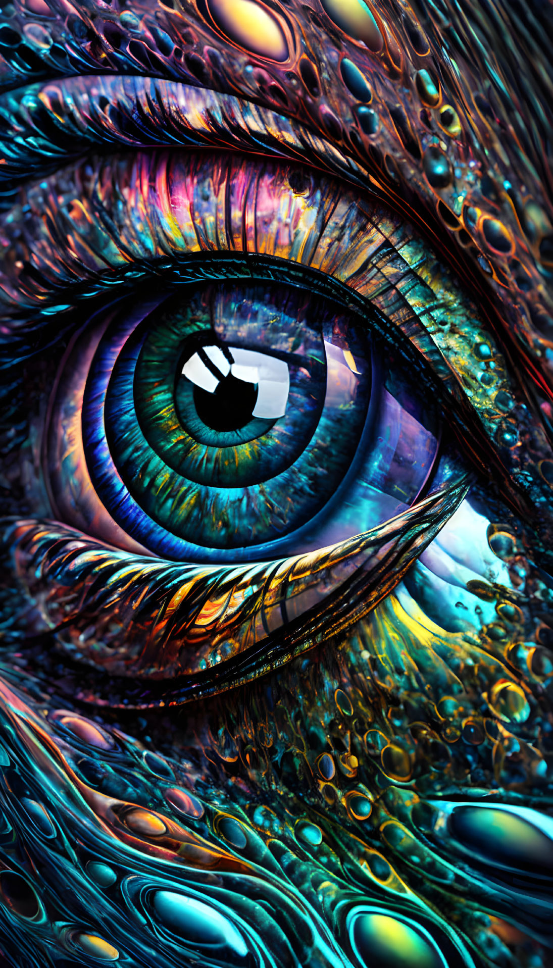 Intricate iridescent eye artwork with vibrant patterns