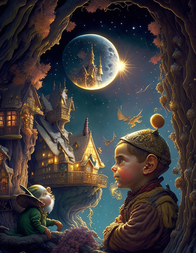 Child in cap gazes at gnome near castle under starry night.