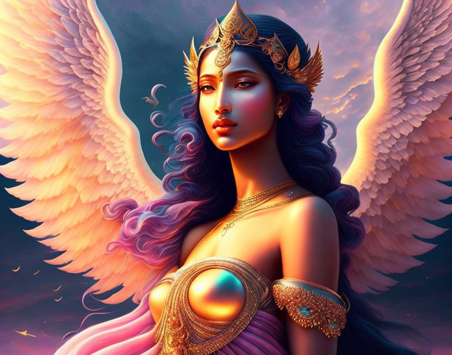 Digital artwork of winged woman with golden headgear, purple hair, and intricate jewelry in sunset backdrop